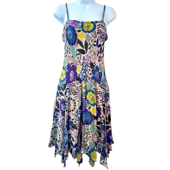 Eva Blue Fairy Floral Beaded Spaghetti Strap Midi Dress Sz 8 Asymmetric Hem Y2K - Picture 1 of 14